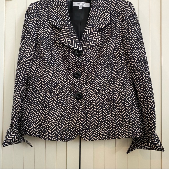 Kasper Suit Jacket Blazer Black with Beige Print Button Front Fitted Lined 2P - Picture 5 of 14